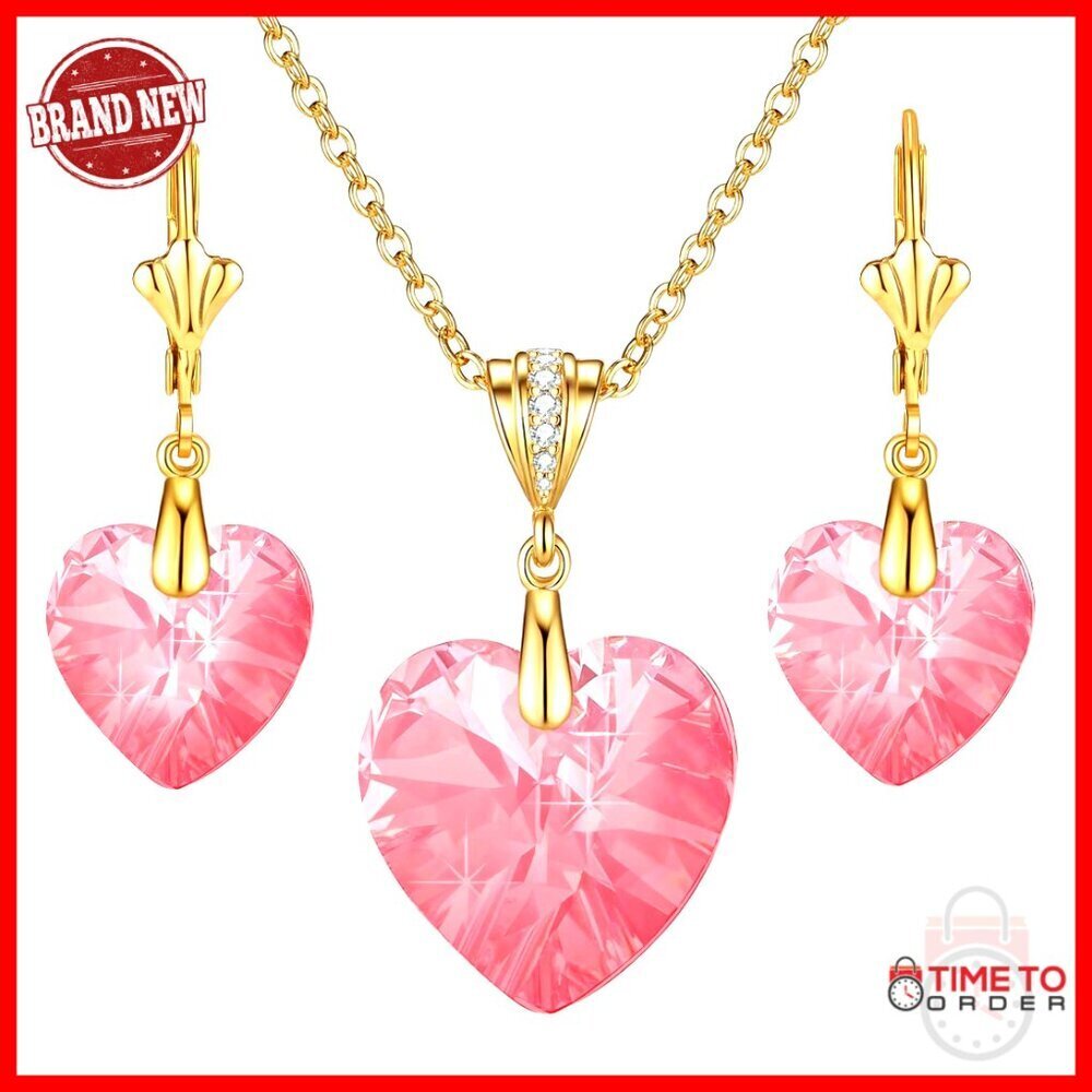 14K Gold Plated Heart Crystal Jewelry Set with Leverback Earrings
